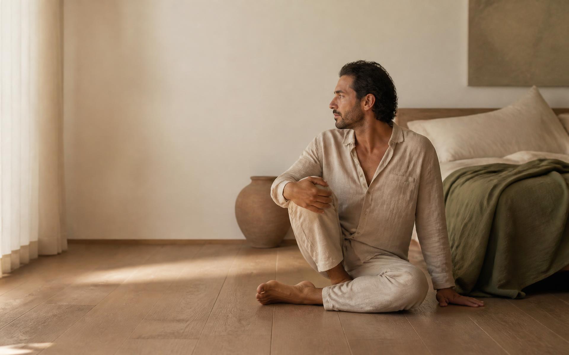 An adult sitting on a bedroom floor completing a calm restorative stretch in warm morning light